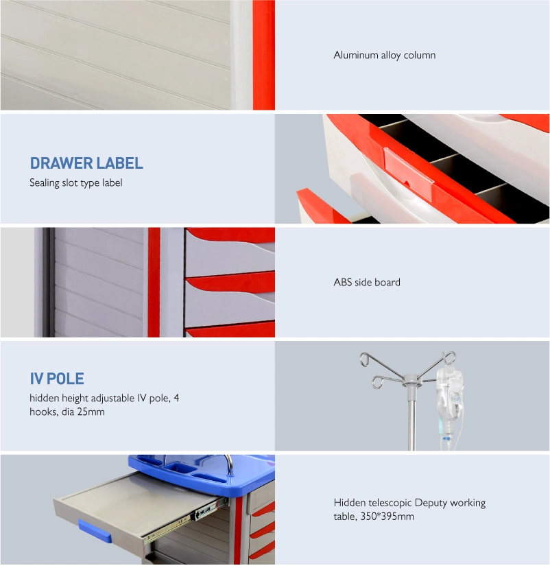 Skr054-Et ABS Hospital Medical Emergency Medicine Nursing Treatment Trolley Equipment with Drawers